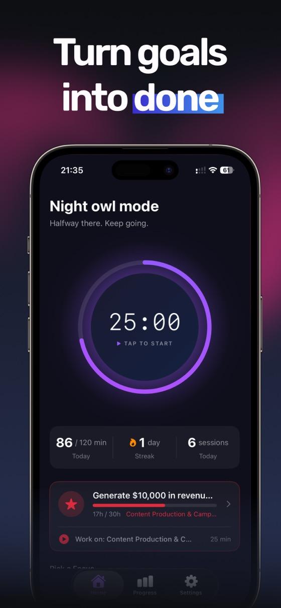 Focus-On app timer screen showing a 25-minute Pomodoro session