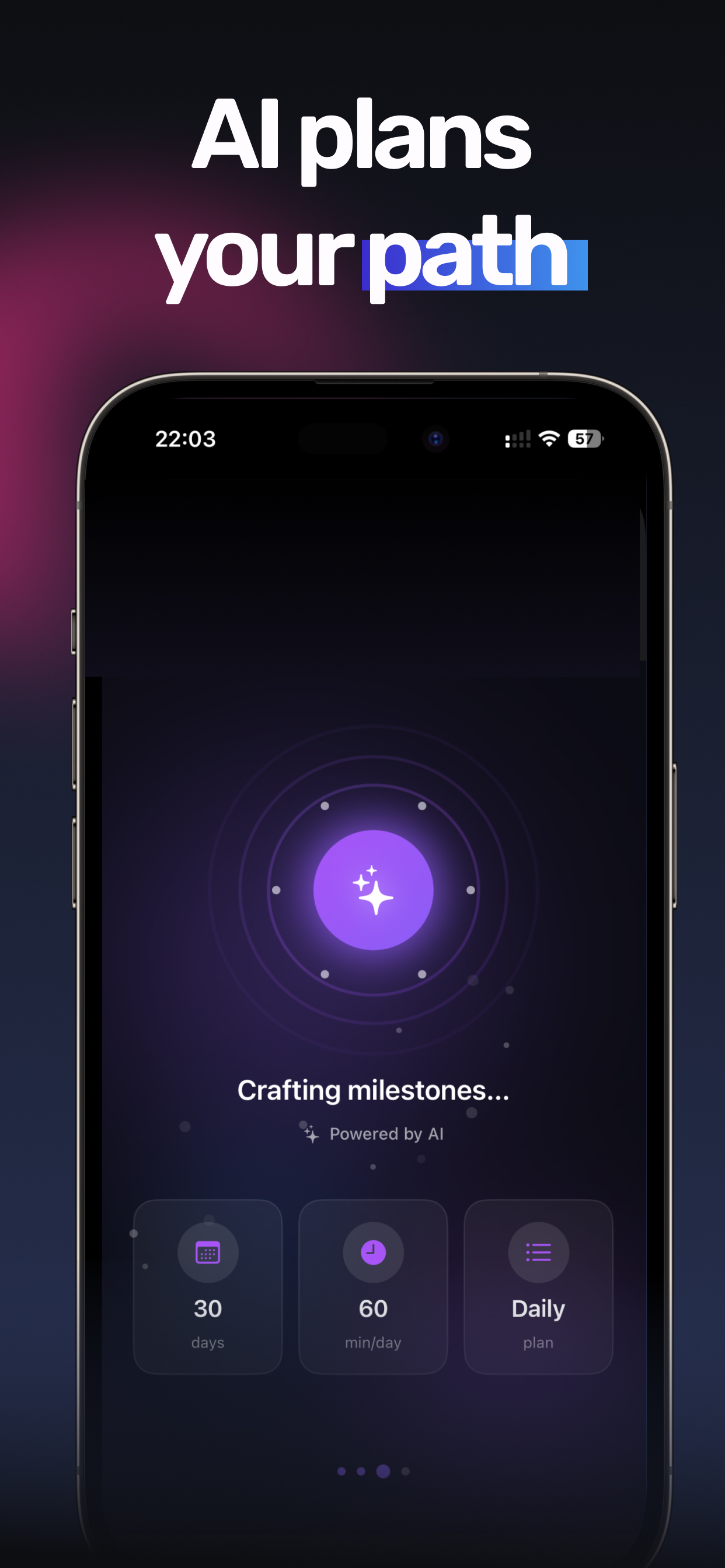 AI goal planning screen showing milestone generation for a 30-day plan
