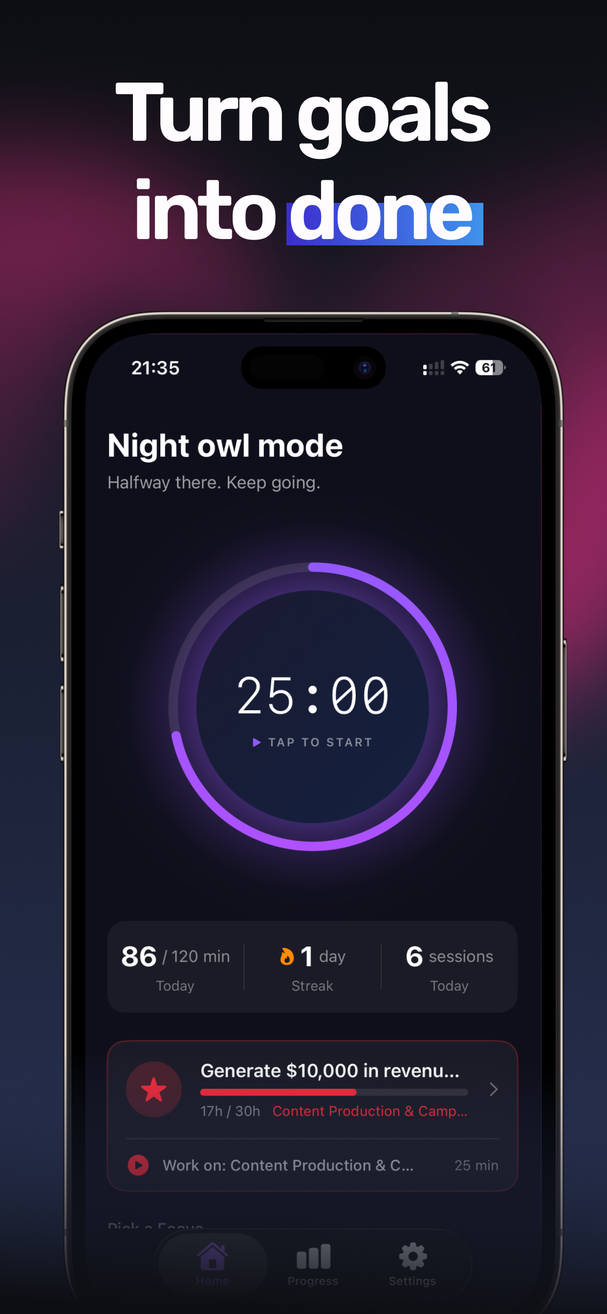 Focus-On app showing a 25-minute Pomodoro timer with purple progress ring and daily focus stats